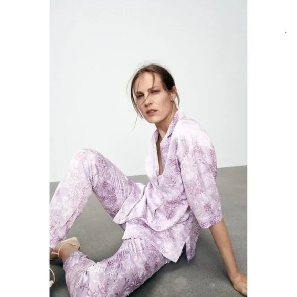 Zara Satin Effect Floral Purple Jogger Pants - Picture 1 of 9
